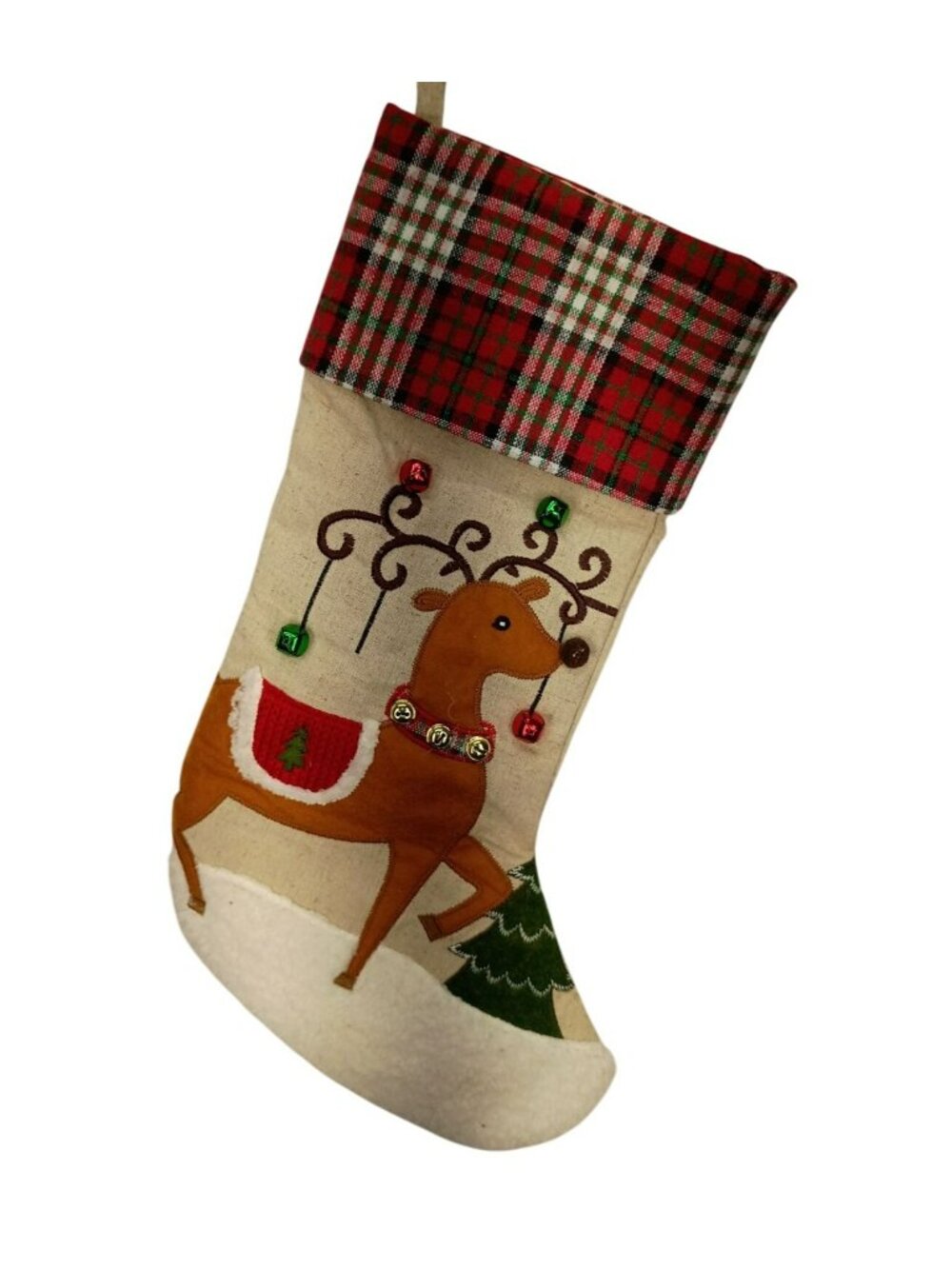 Christmas Stocking With Reindeer Design Red Plaid Cuff Jingle Bells Holiday Deco